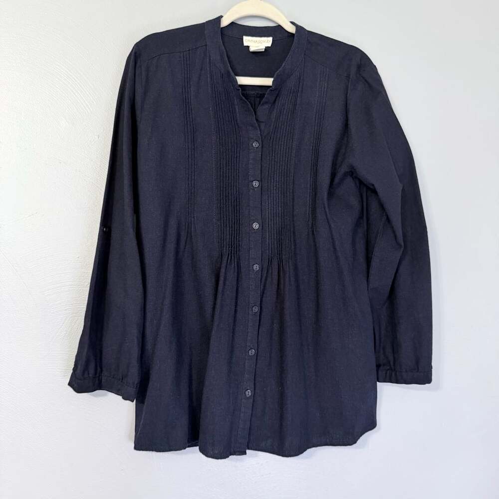 Cynthia Rowley Navy Blue Pintuck Linen Blend Tunic Blouse Size M
